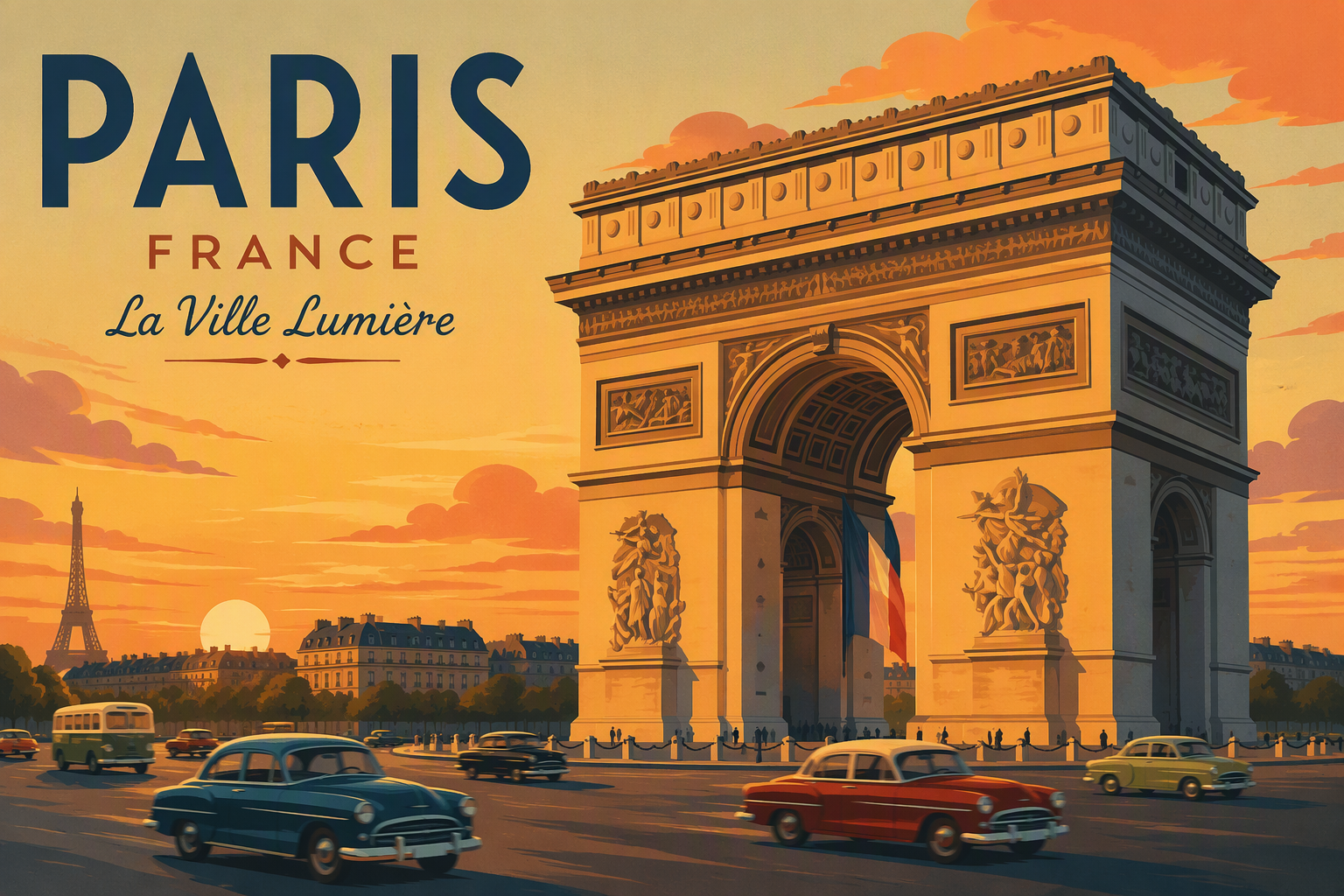 Arc de Triomphe iltavalaistuksessa ja auringonlaskun aikaan