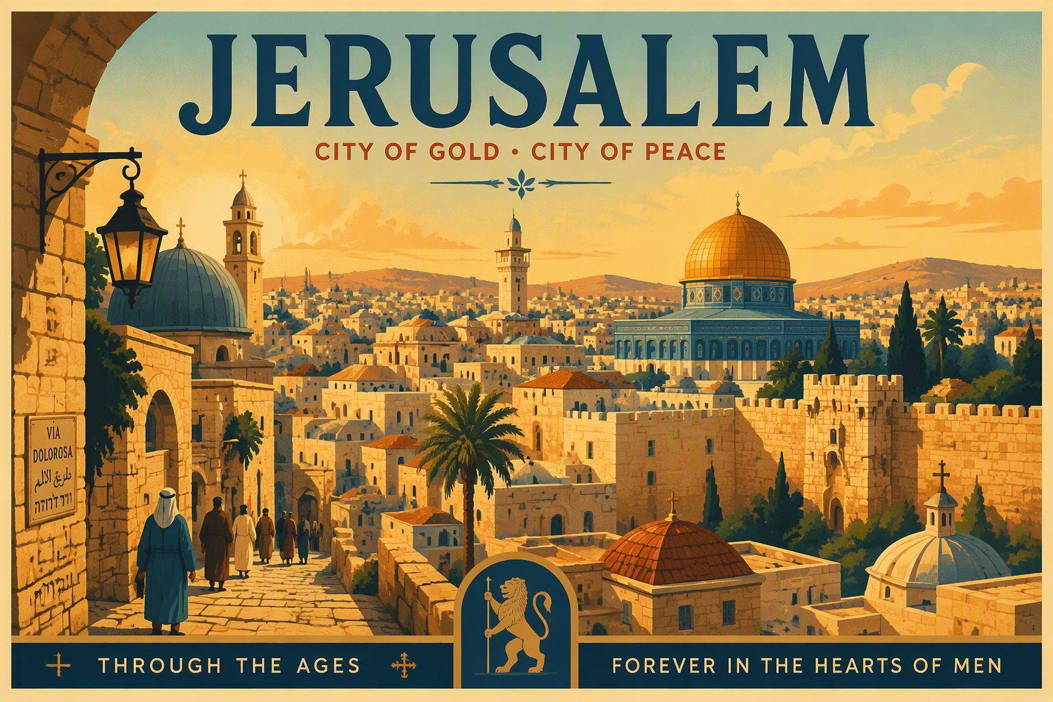 Historiallinen Jerusalemin kaupunkinäkymä kultaisessa valossa