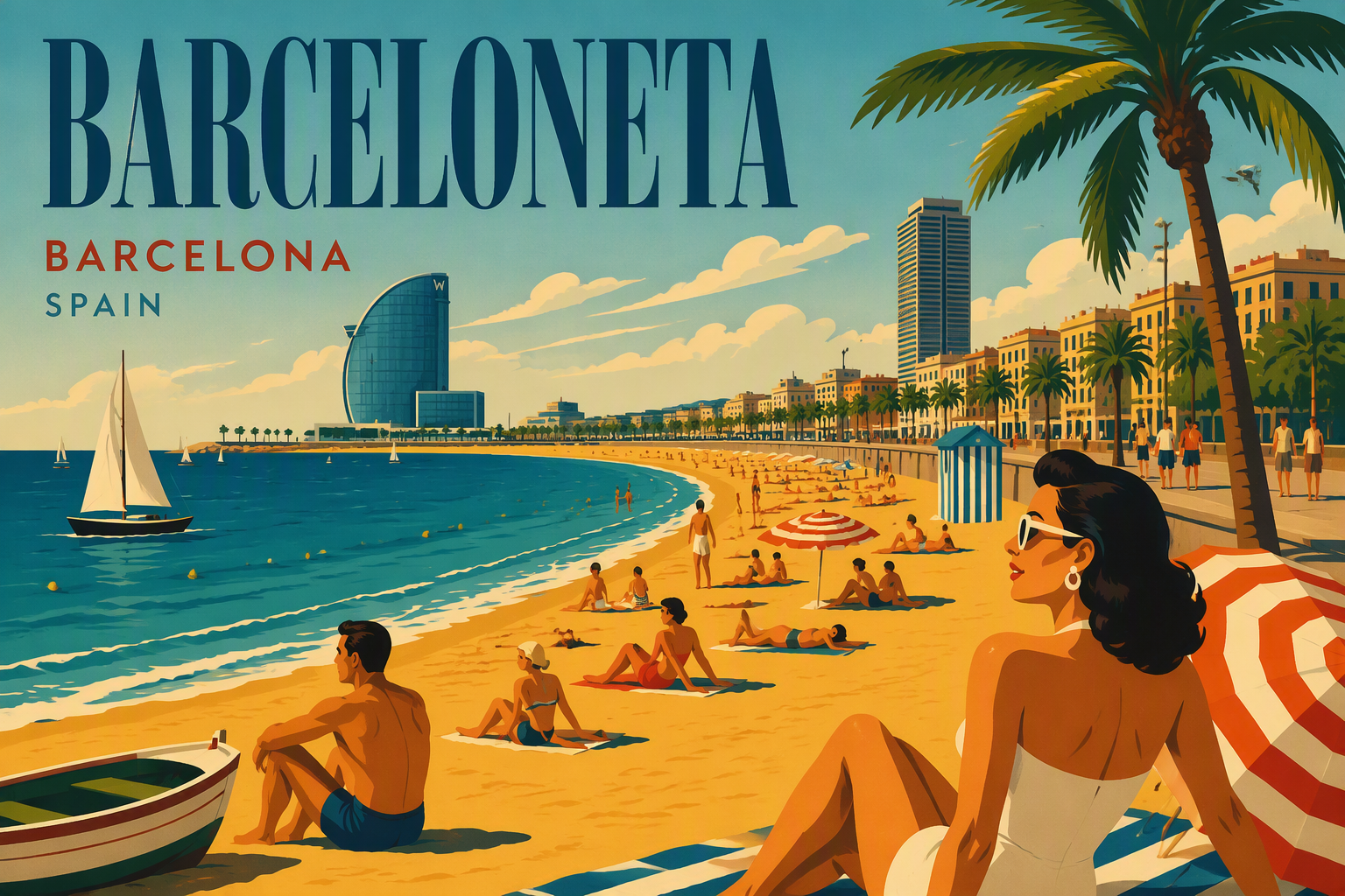 Barcelonetan hiekkaranta ja Välimeri aurinkoisena päivänä Barcelonetan hiekkaranta ja Välimeri aurinkoisena päivänä
