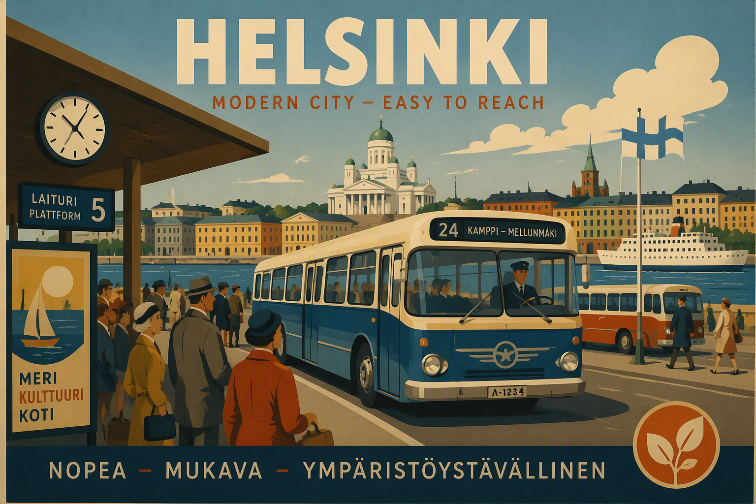 Moderni linja-auto saapumassa Göteborgin bussiterminaaliin