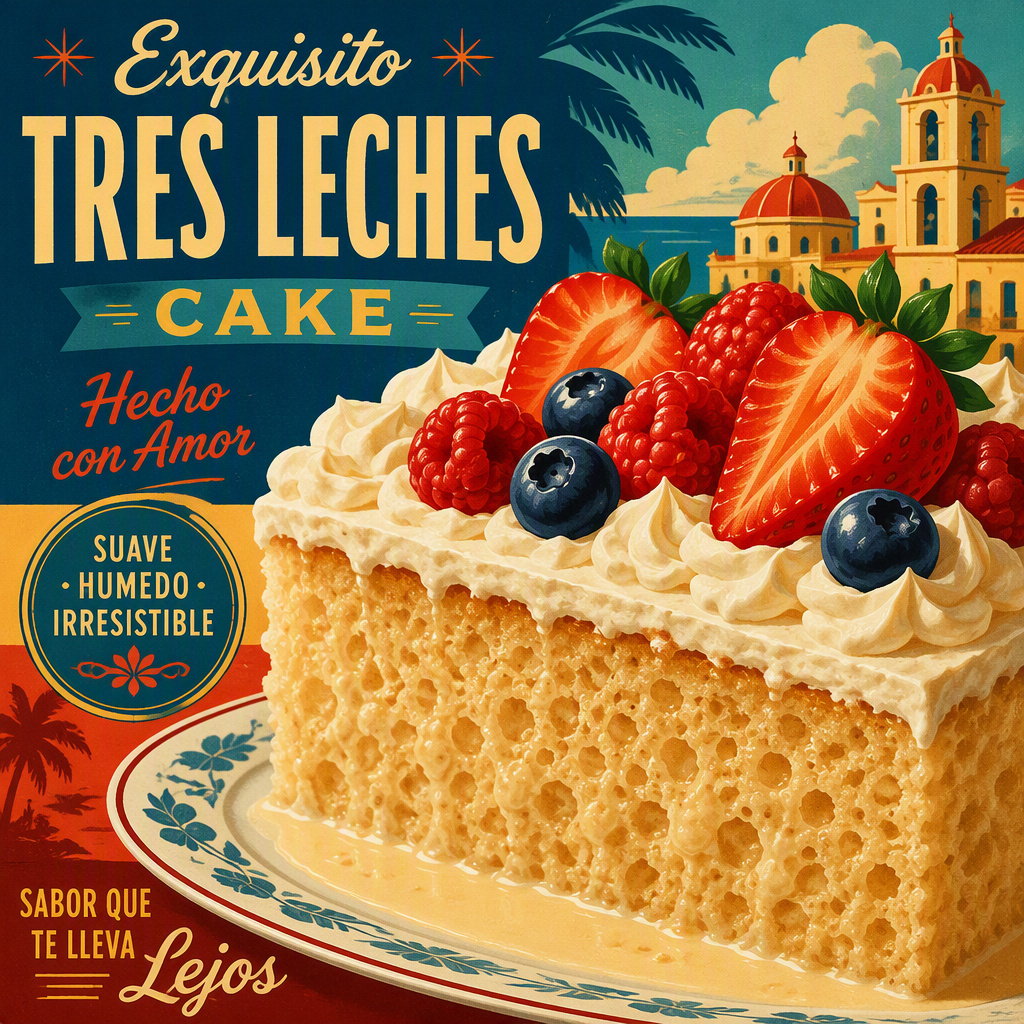 Tres Leches -leivos koristeltuna marjoilla