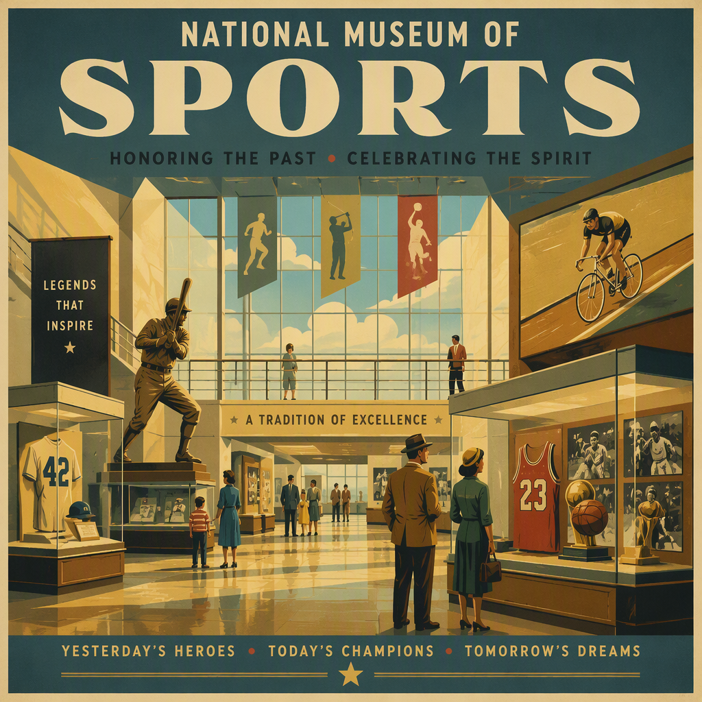 Urheilumuseon näyttelyesineitä ja palkintoja vitriineissä