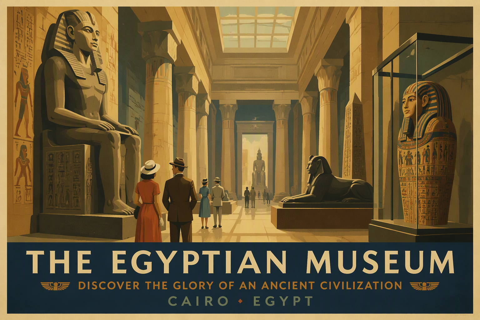 Torinon Egyptiläisen museon suuri näyttelysali patsaineen