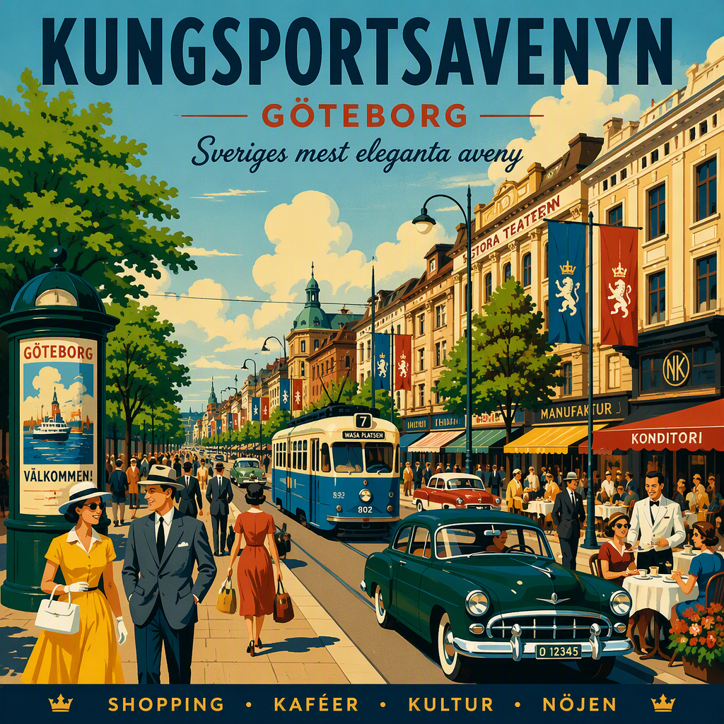 Vilkas Kungsportsavenyn-pääkatu täynnä kauppoja ja ihmisiä