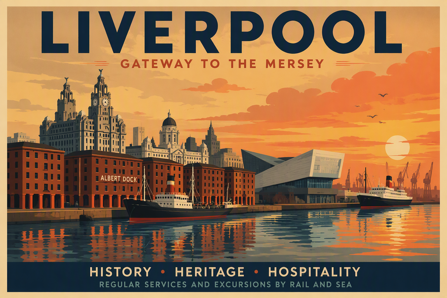 Historiallinen Liverpoolin satama-alue ja Mersey-joki auringonlaskussa