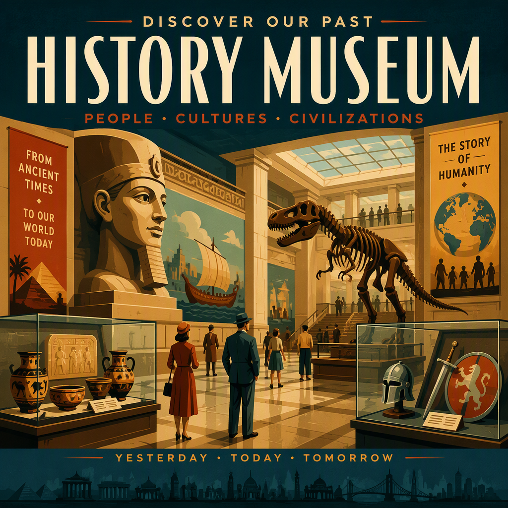 Museon historiallisia esineitä ja näyttelyvitriinejä