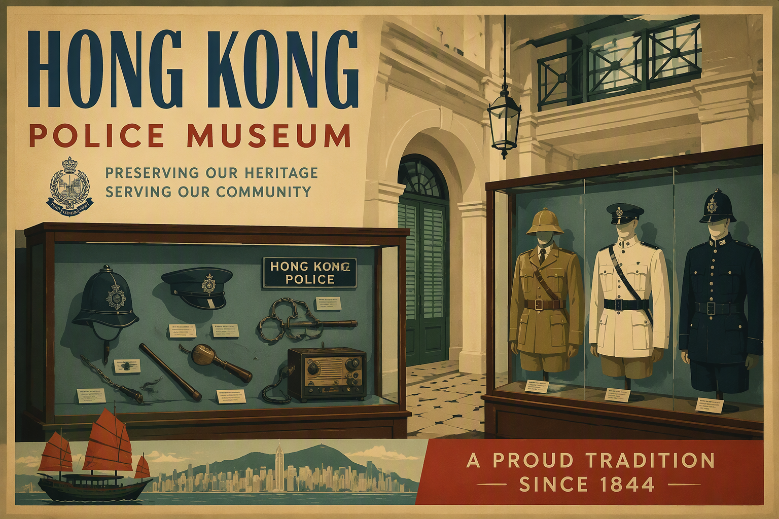 Hong Kongin poliisimuseon historiallisia univormuja ja varusteita