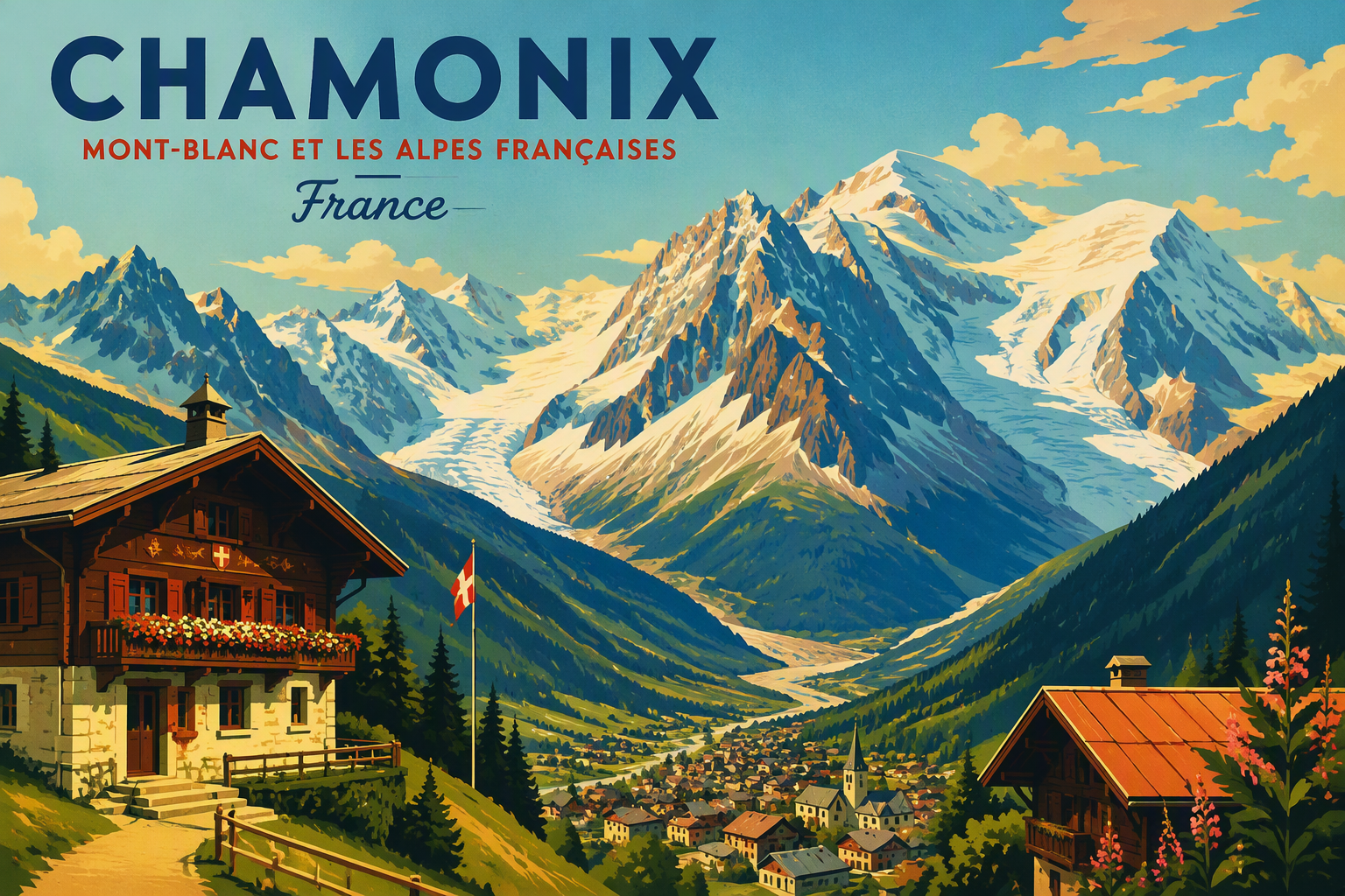 Chamonix'n vuoristomaisema ja alppimajoja Chamonix'n vuoristomaisema ja alppimajoja