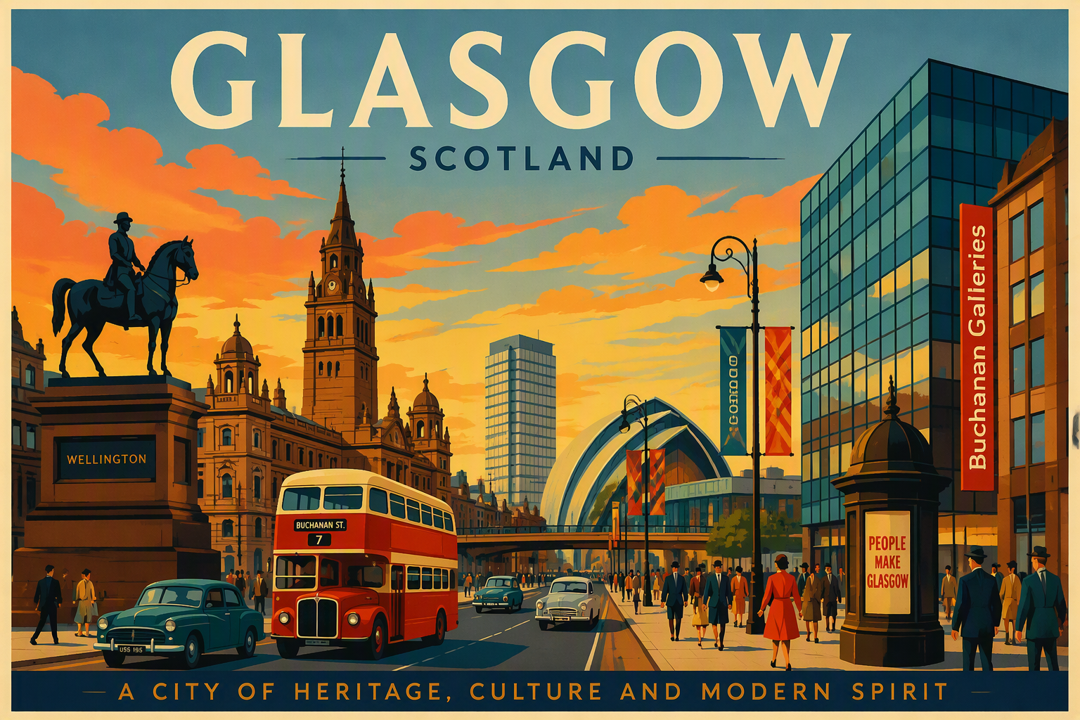 Glasgow’n keskustan arkkitehtuuria ja vilkas katu