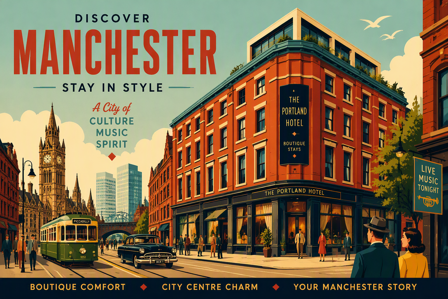Moderni hotellirakennus Manchesterin keskustassa