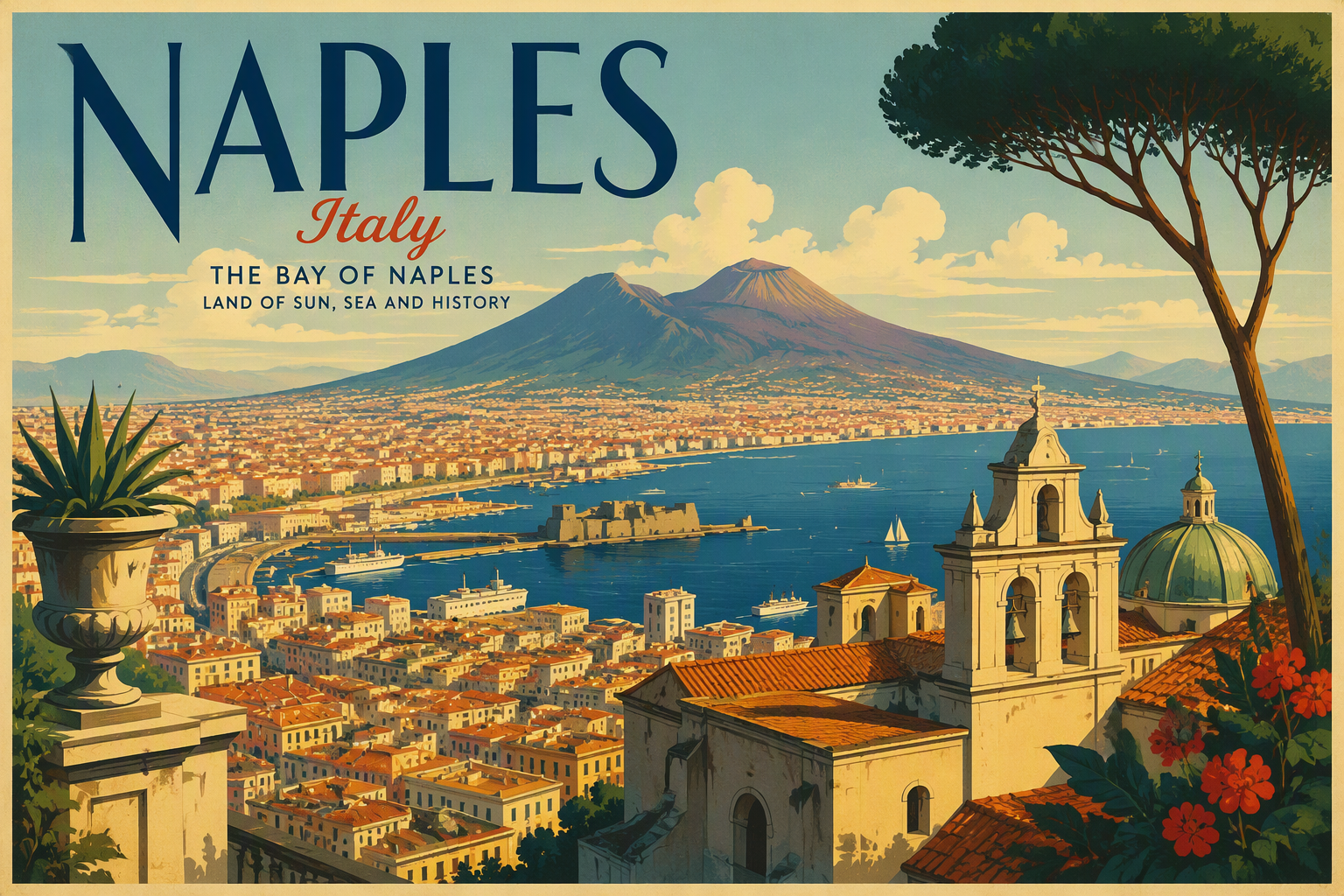 Napolin kaupunkinäkymä mereltä ja Vesuvius-tulivuori Napolin kaupunkinäkymä mereltä ja Vesuvius-tulivuori