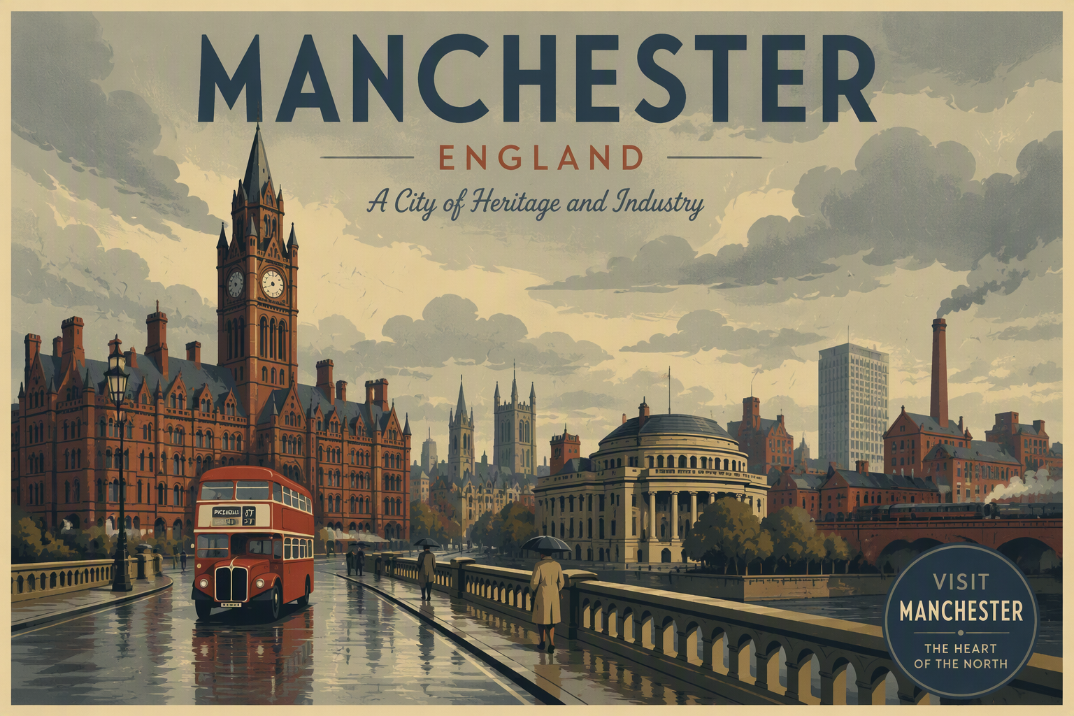Manchesterin kaupunkinäkymä pilvisellä ja sateisella säällä