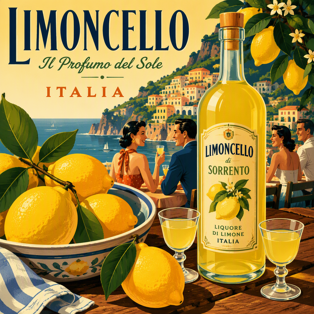 Tuoreita sitruunoita ja pullo Limoncelloa