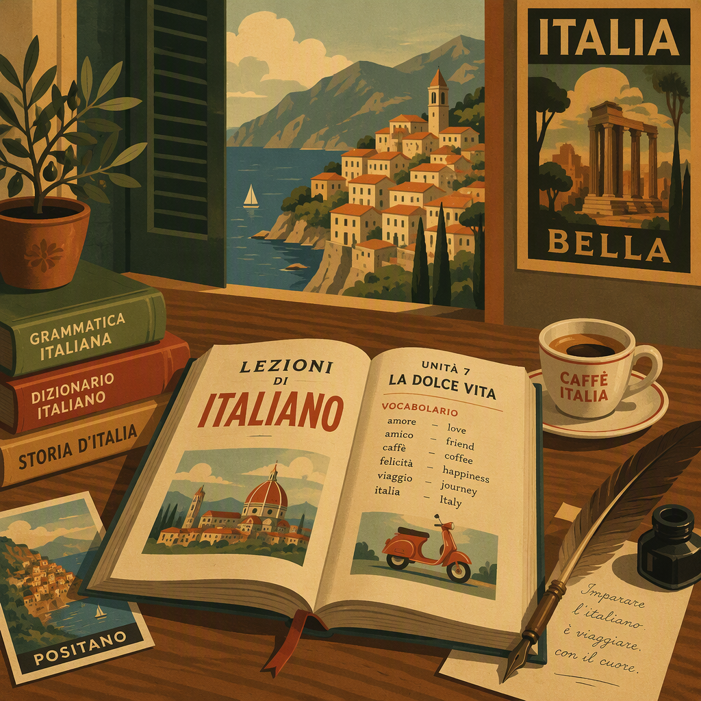 Italian kielen oppikirja ja kahvikuppi pöydällä Italian kielen oppikirja ja kahvikuppi pöydällä