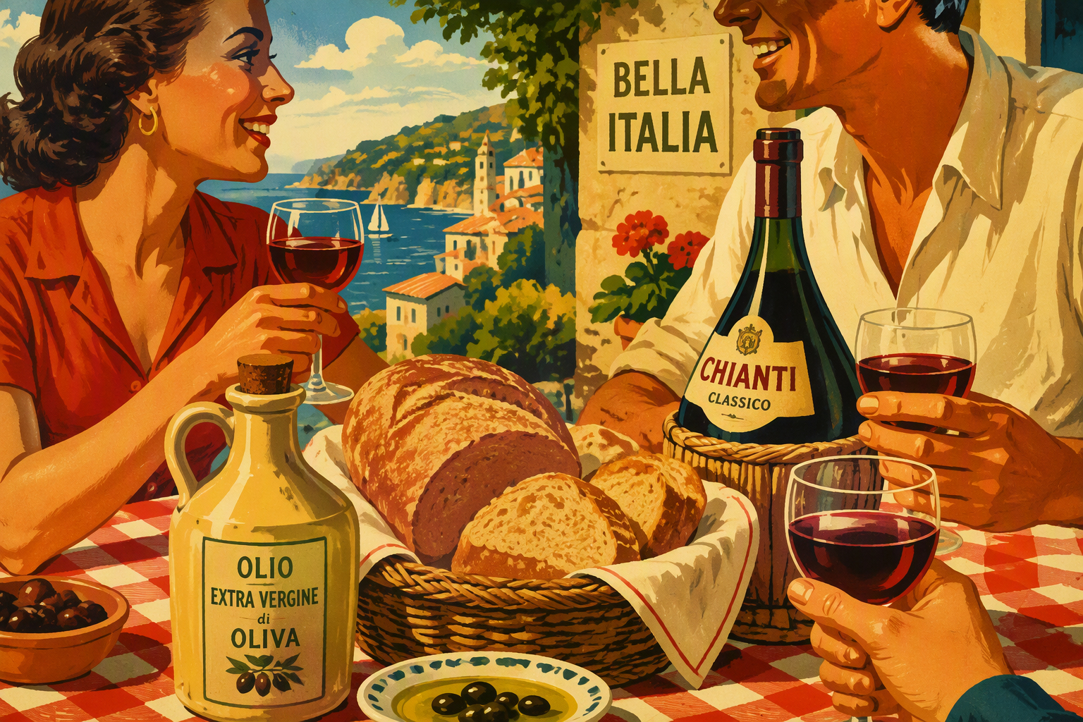 Perinteinen italialainen pöytäkattaus ja raikkaita raaka-aineita