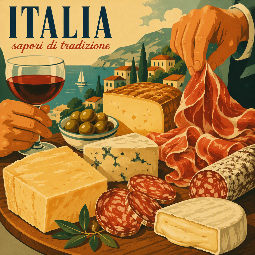 Erilaisia italialaisia juustoja ja leikkeleitä puutarjottimella