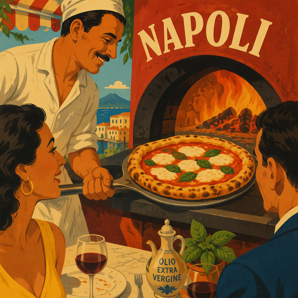 Aito napolilainen pizza valmistumassa kiviuunissa