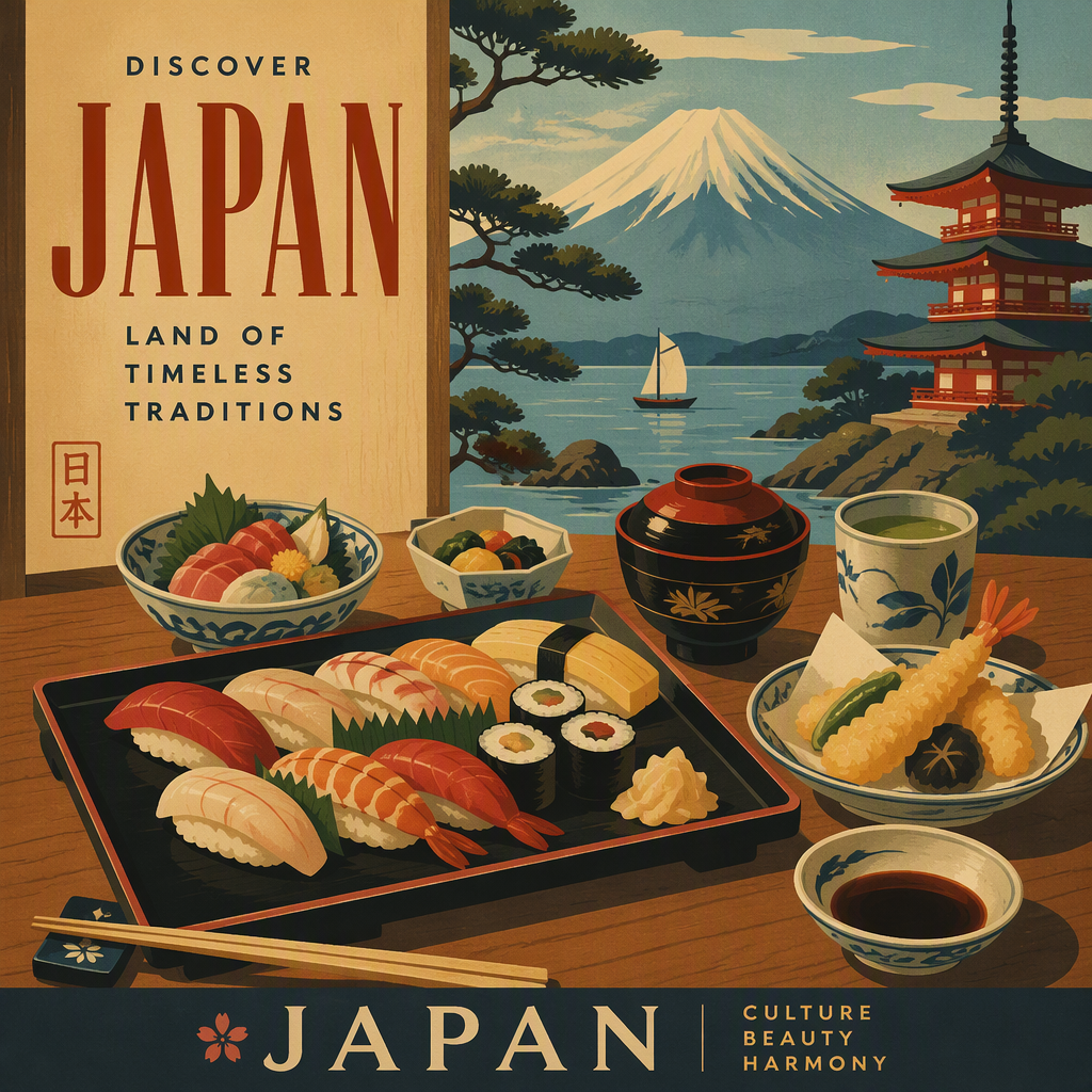 Perinteisiä japanilaisia ruoka-annoksia tarjottimella