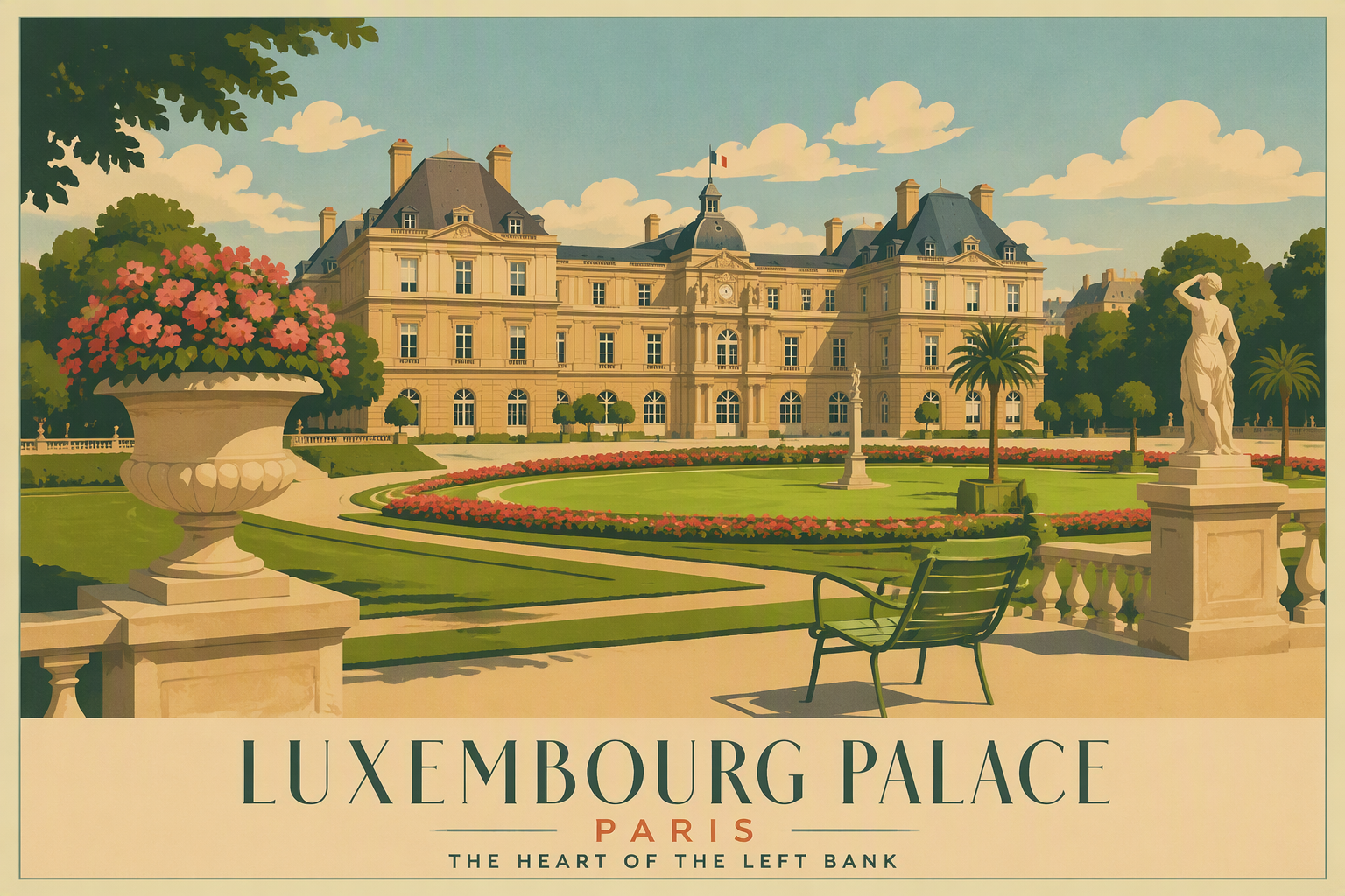 Luxemburgin palatsi ja hoidettu puutarha