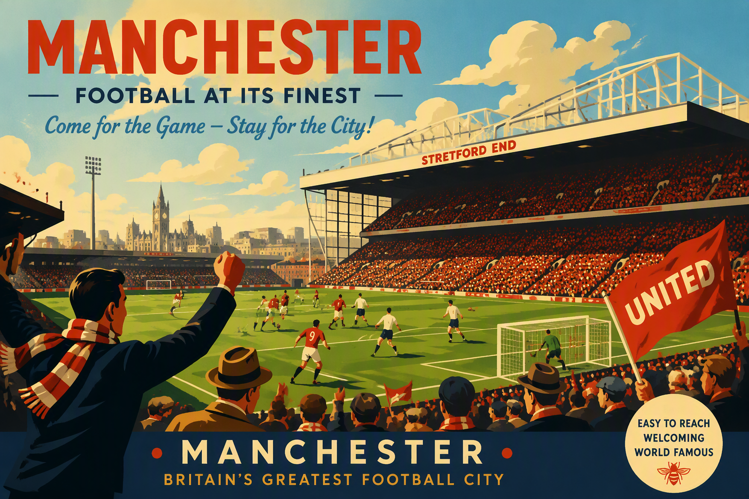 Jalkapallostadion Manchesterissa aurinkoisena päivänä