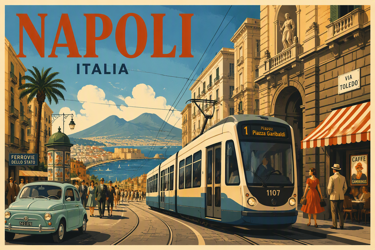 Moderni raitiovaunu ajamassa historiallisella kadulla Napolissa