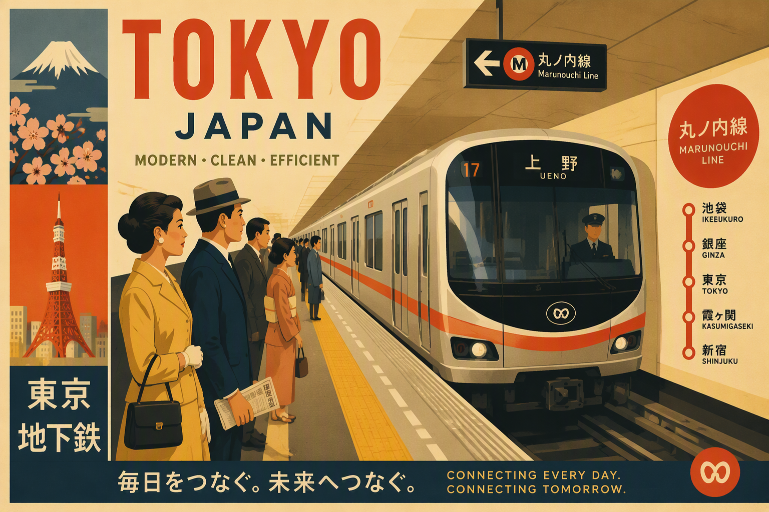 Moderni juna saapumassa Tokion metrolaiturille Moderni juna saapumassa Tokion metrolaiturille