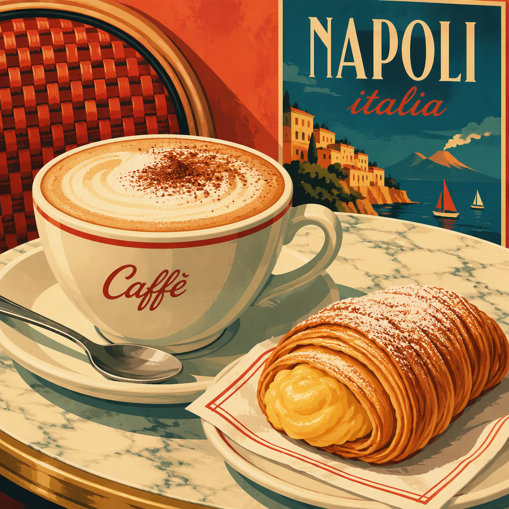 Cappuccino ja leivonnainen marmoripöydällä