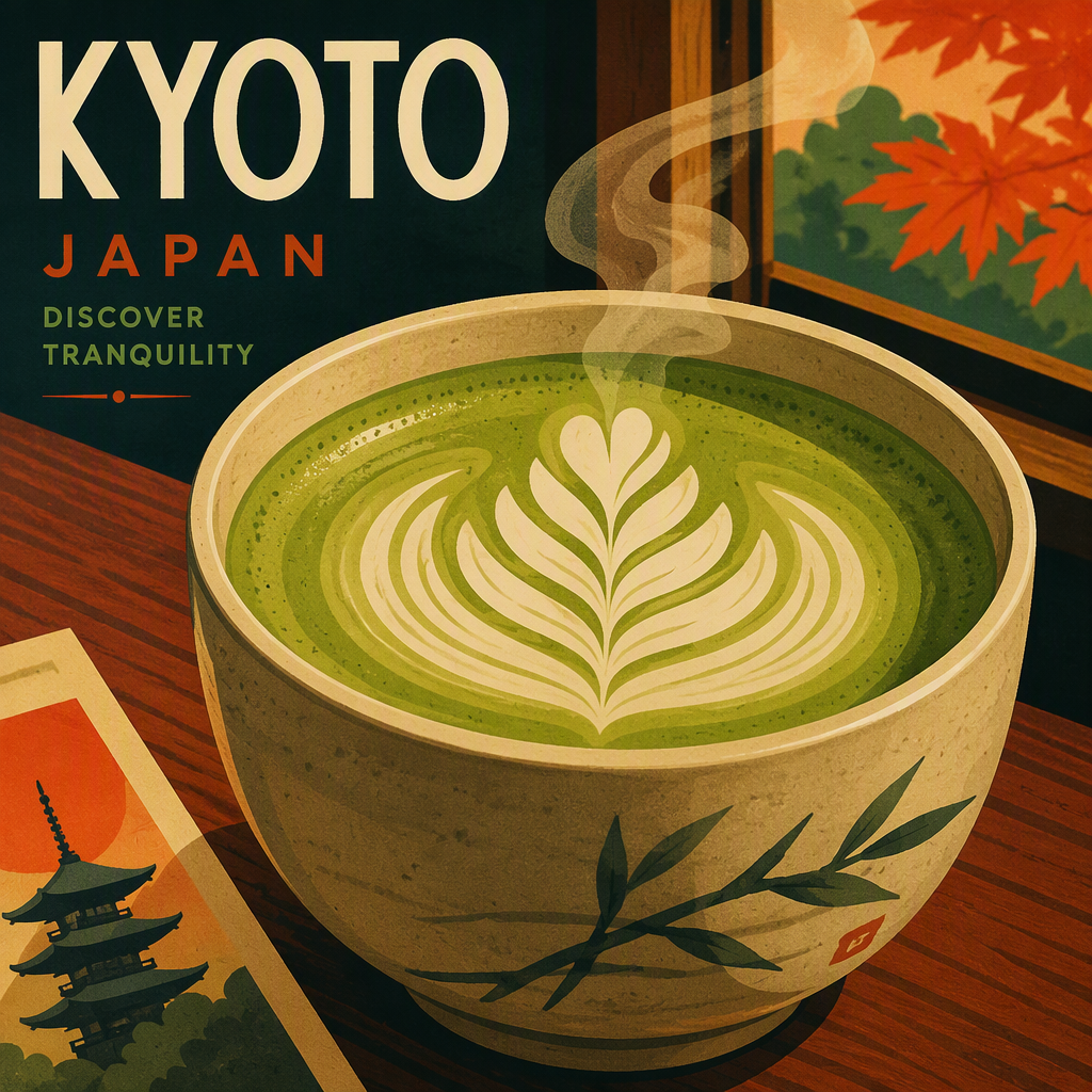 Höyryävä matcha-latte, jossa on hieno latte art -kuvio