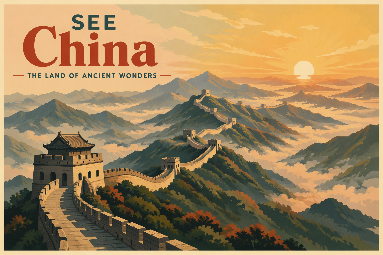Kiinan muuri mutkittelee vuorten yllä auringonnousun aikaan