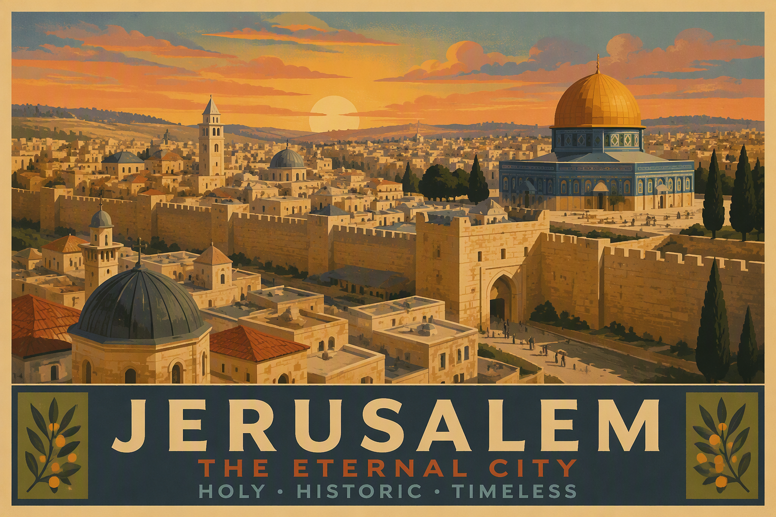 Jerusalemin historiallinen vanhakaupunki auringonlaskun aikaan