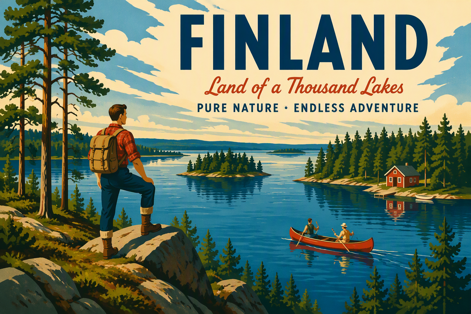 Suomalainen järvimaisema ja mäntymetsä kesällä