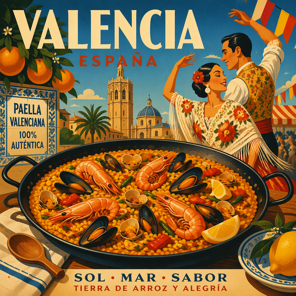 Perinteinen paella tarjoiltuna suuressa pannussa pöydällä Perinteinen paella tarjoiltuna suuressa pannussa pöydällä