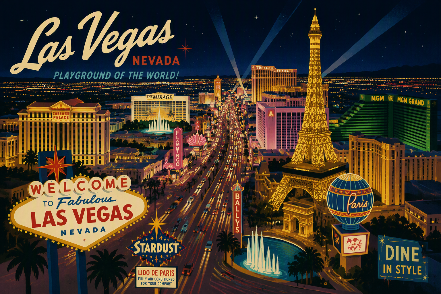 Las Vegasin valaistu pääkatu yöllä