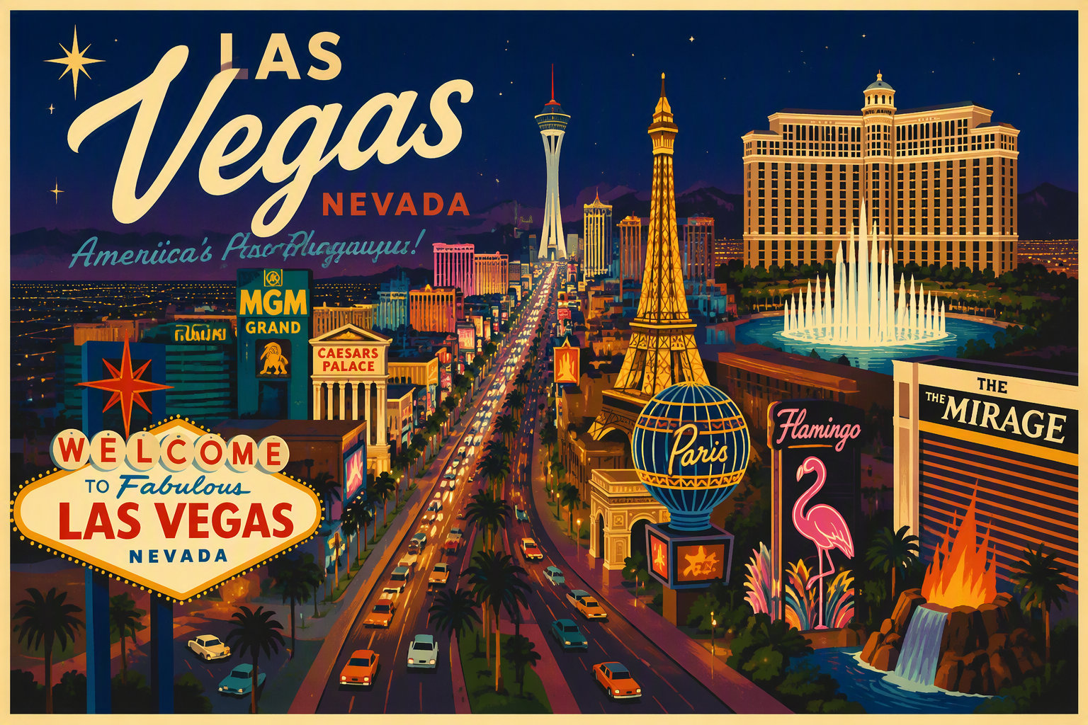 Las Vegasin katuvalaistus ja hotellit yöllä