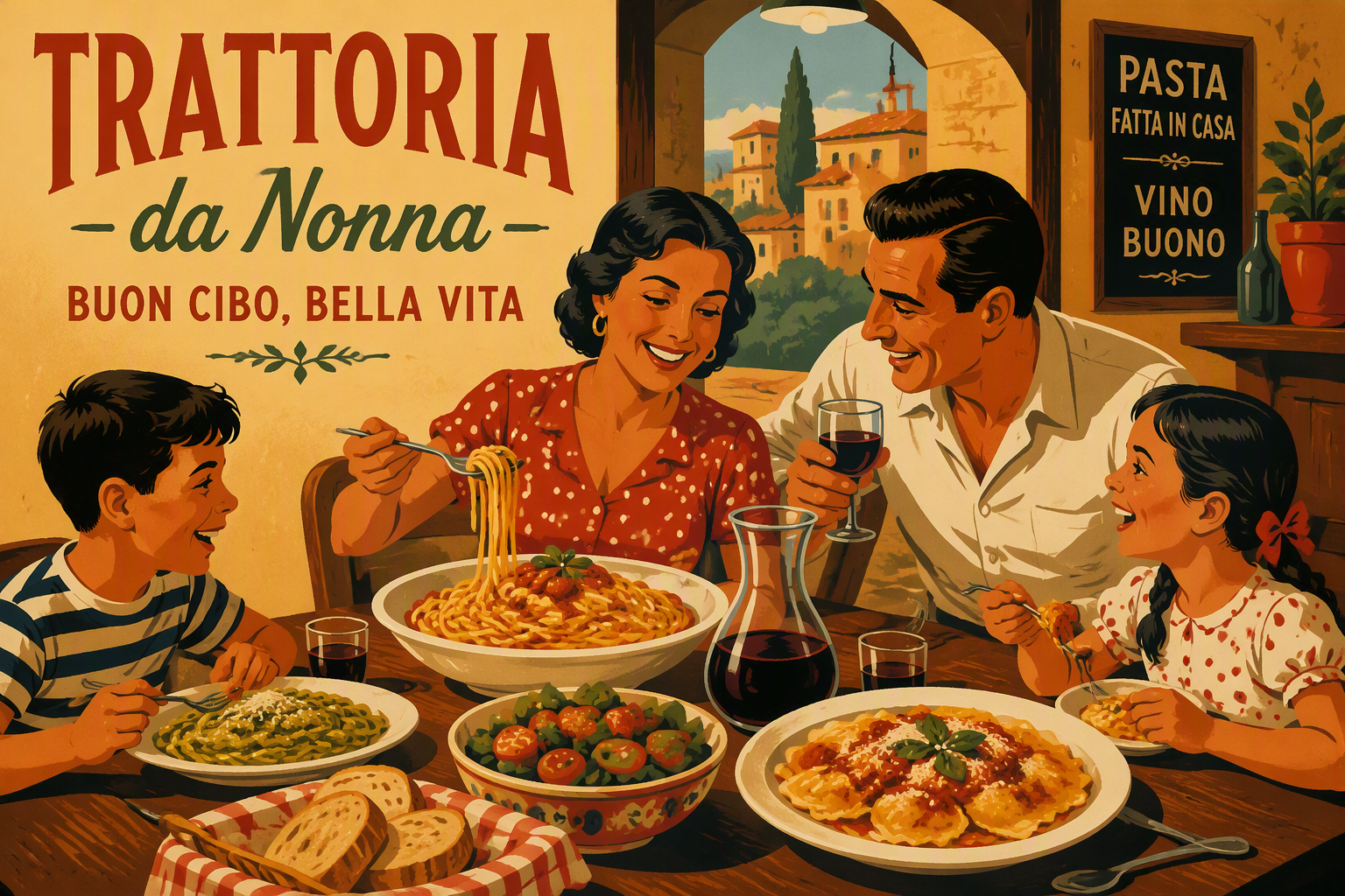 Perhe ruokailee ystävällisessä italialaisessa ravintolassa
