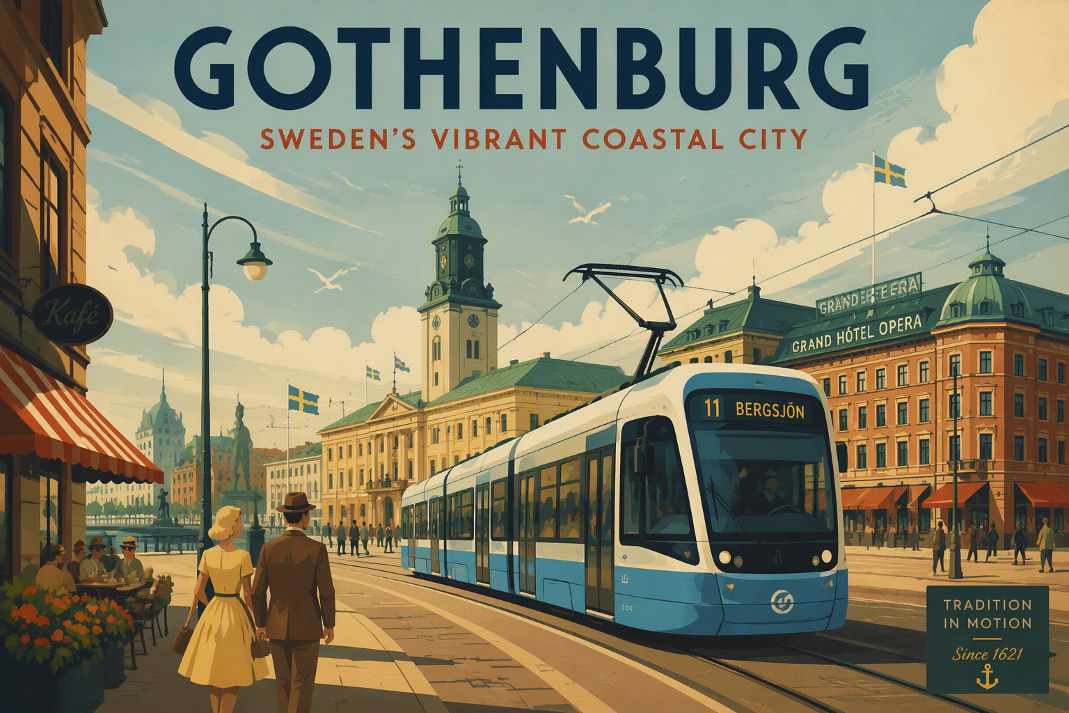 Sininen raitiovaunu ajamassa Göteborgin keskustassa Sininen raitiovaunu ajamassa Göteborgin keskustassa