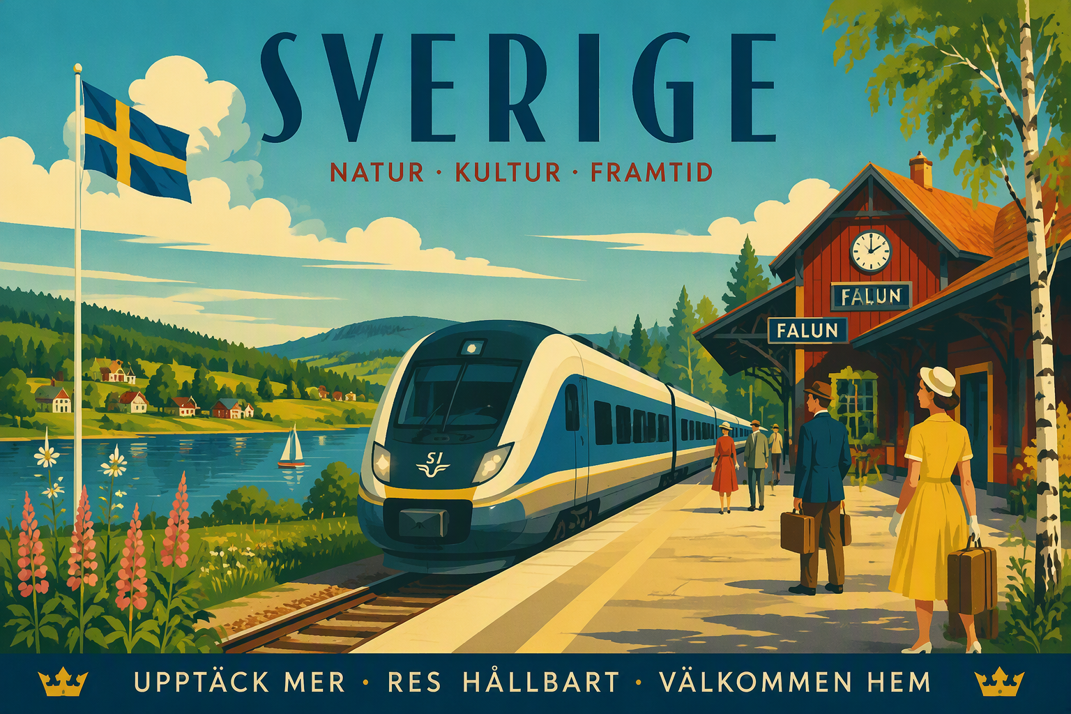 Moderni juna saapumassa asemalle vehreässä ympäristössä Moderni juna saapumassa asemalle vehreässä ympäristössä