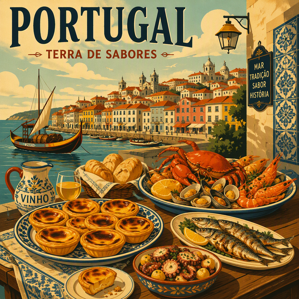 Perinteisiä portugalilaisia leivonnaisia ja mereneläviä pöydässä Perinteisiä portugalilaisia leivonnaisia ja mereneläviä pöydässä