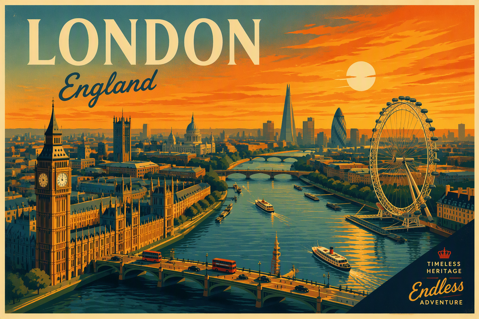 Lontoon horisontti Thames-joen yllä auringonlaskun aikaan