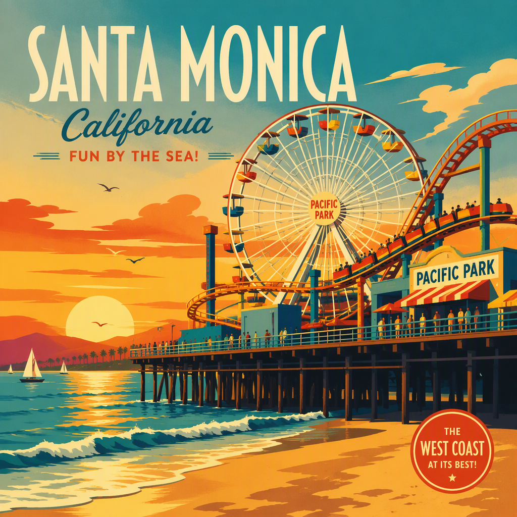 Santa Monica Pierin huvipuistolaite auringonlaskussa Santa Monica Pierin huvipuistolaite auringonlaskussa
