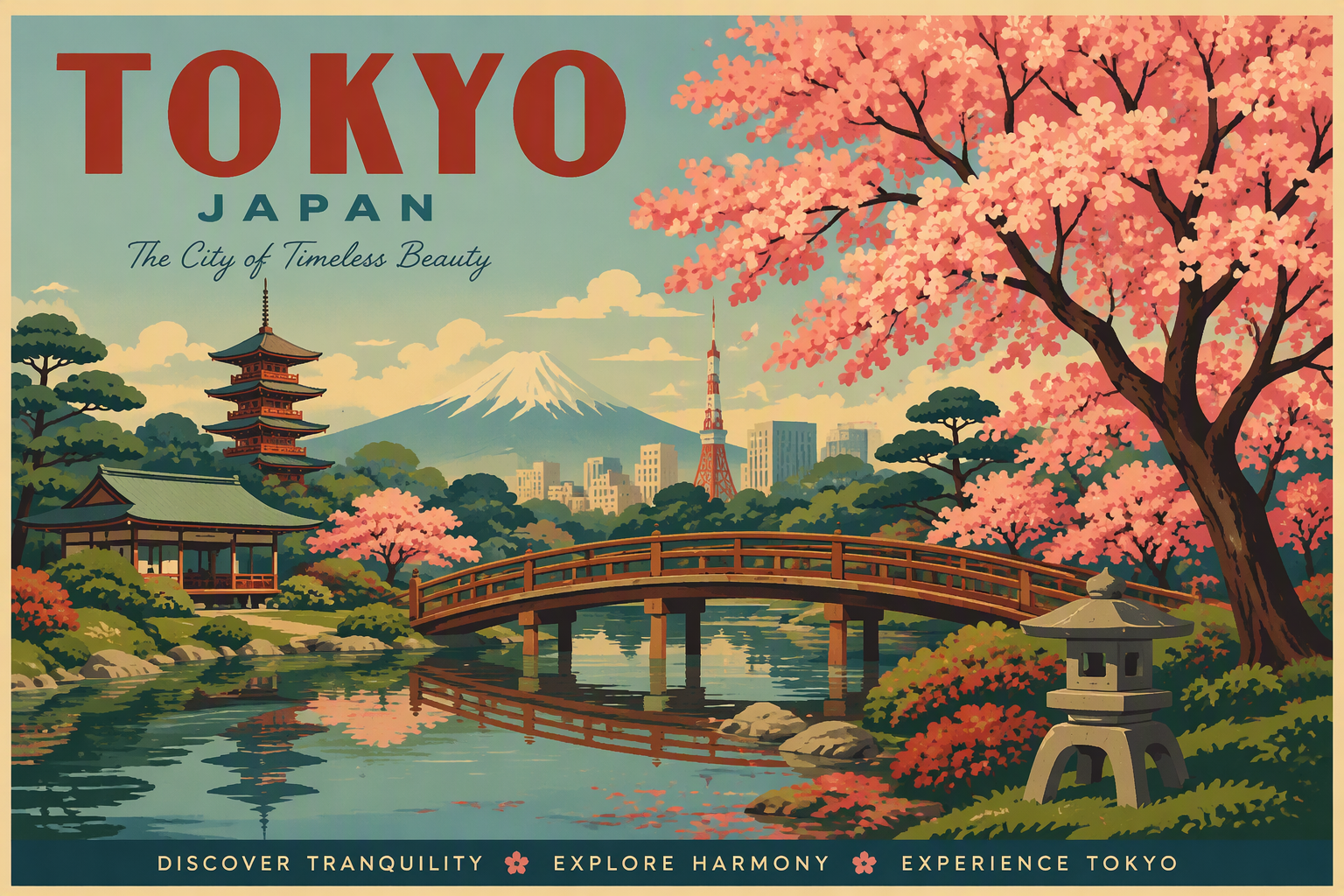 Kirsikankukkia ja perinteinen silta japanilaisessa puistossa