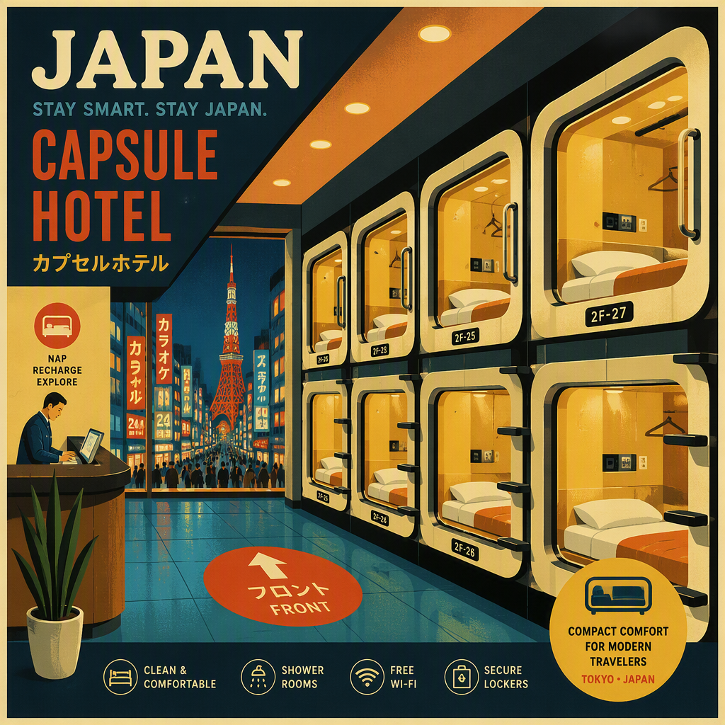 Japanilainen kapselihotelli minimalistisella sisustuksella