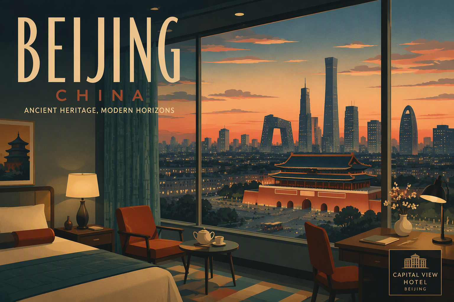 Moderni hotellihuone ja näkymä Pekingin kaupungin ylle Moderni hotellihuone ja näkymä Pekingin kaupungin ylle