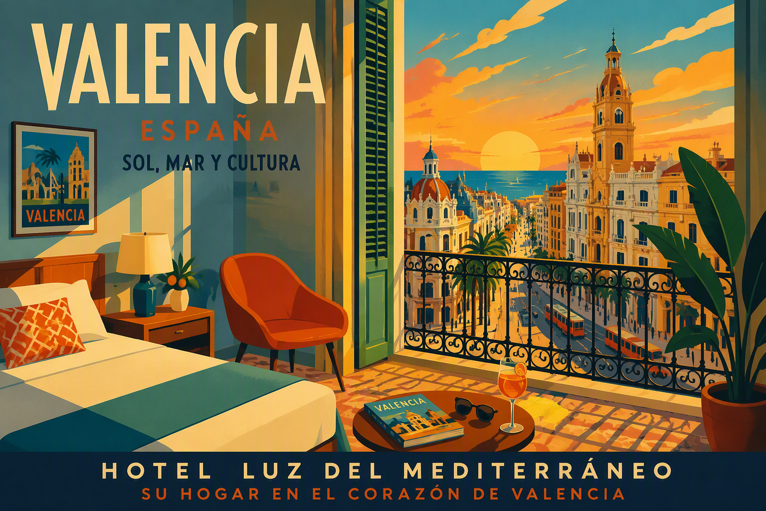 Moderni hotellihuone Valenciassa parvekkeella Moderni hotellihuone Valenciassa parvekkeella