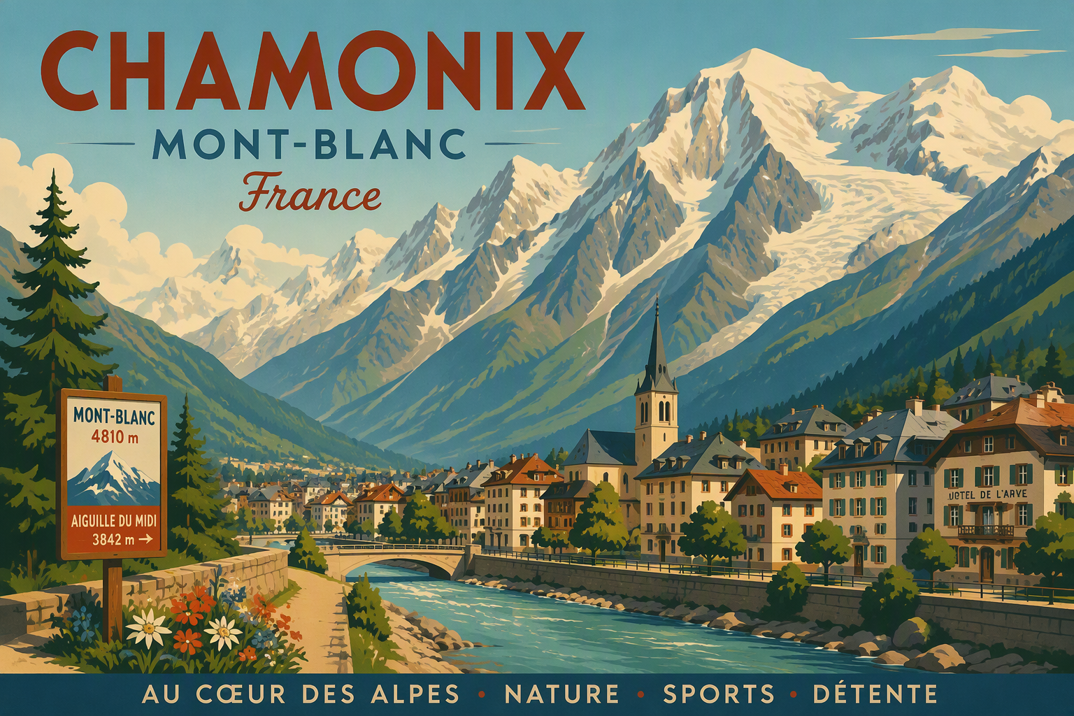 Chamonix-Mont-Blancin vuoristomaisema ja alppikylä