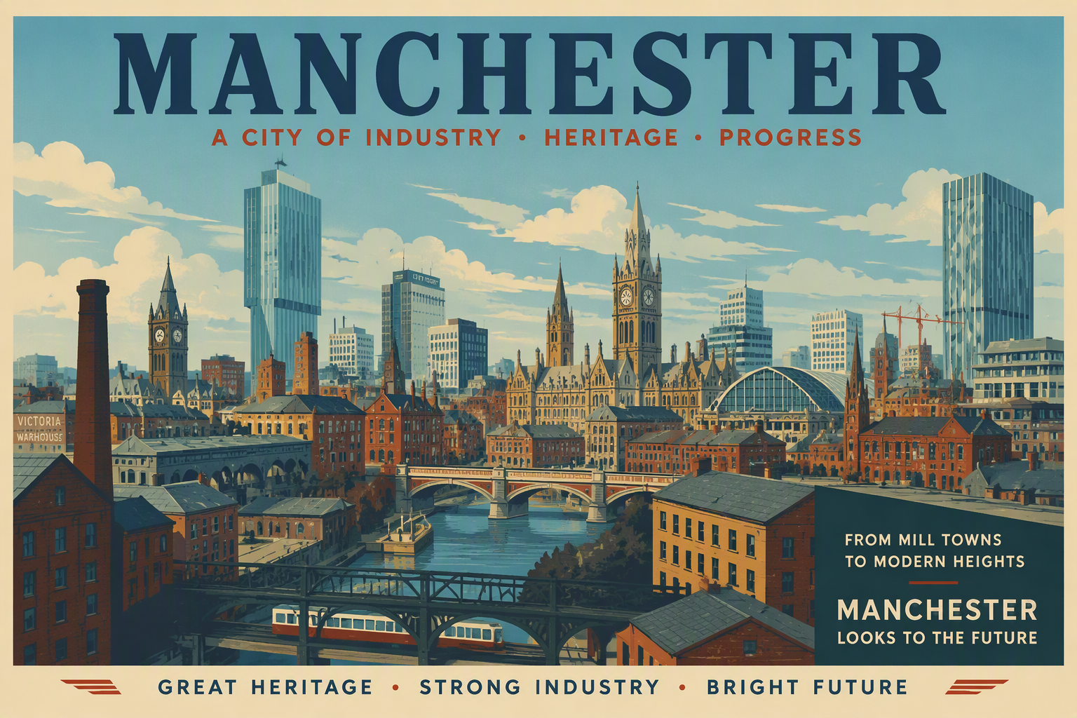 Manchesterin kaupungin horisontti yhdistää historiaa ja nykypäivää Manchesterin kaupungin horisontti yhdistää historiaa ja nykypäivää