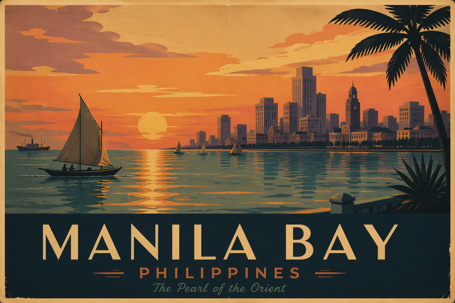 Manila Bayn upea auringonlasku kaupungin horisontin yllä