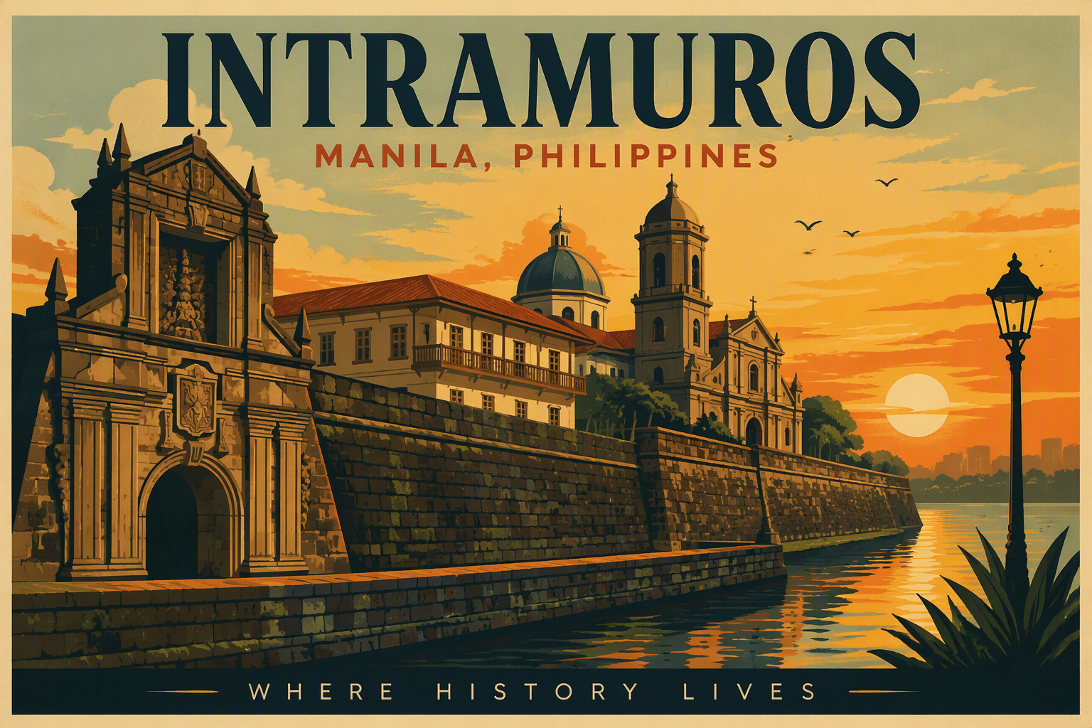 Historiallinen Intramuros-linnoitus auringonlaskun aikaan