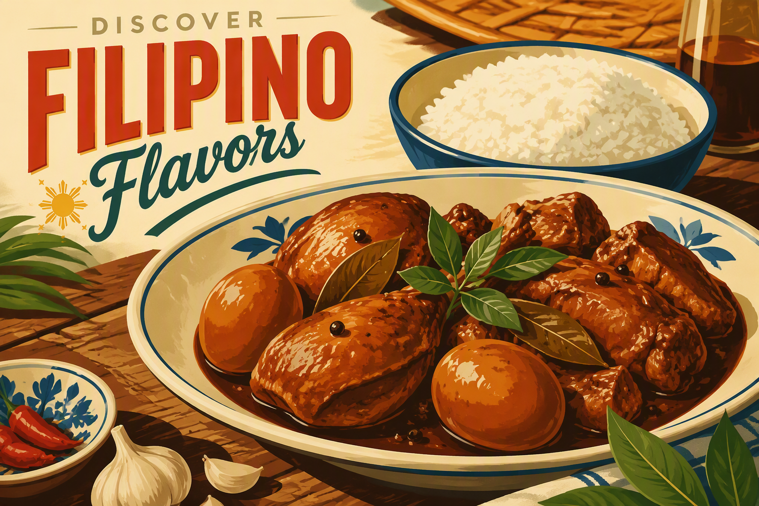 Perinteinen filippiiniläinen adobo-annos tarjoiltuna