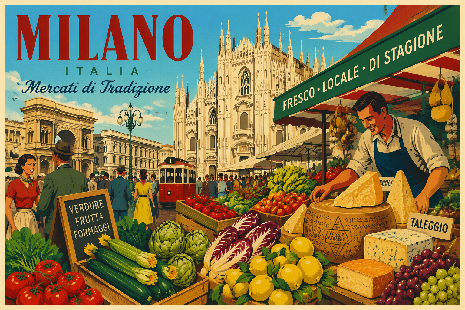 Värikäs italialainen torikoju täynnä tuoreita hedelmiä ja vihanneksia